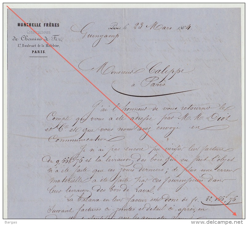Courrier 1864 Diot Carel Fouché Livraison Bois Pour Chemins De Fer De L´ouest Erreur Compte Livraison Laval Guingamp - Documenti Storici