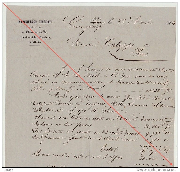 Courrier 1864 Diot Carel Fouché Livraison Bois Pour Chemins De Fer De L´ouest Erreur Compte Livraison - Documents Historiques