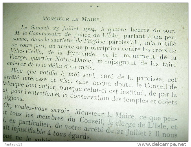 Une Page D'Histoire L'Isle Sur La Sorgue 21 Juillet / 9 Octobre 1904  Séparation Des Eglises Et De L'Etat  Régionalisme - Provence - Alpes-du-Sud