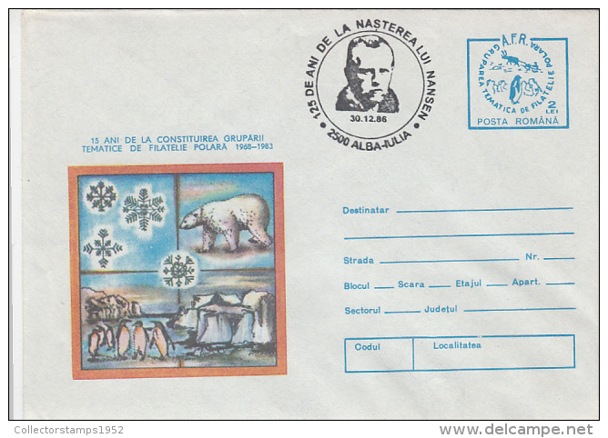 11311- NANSEN, POLAR EXPLORER, POLAR BEAR, PENGUIN, COVER STATIONERY, 1986, ROMANIA - Poolreizigers & Beroemdheden