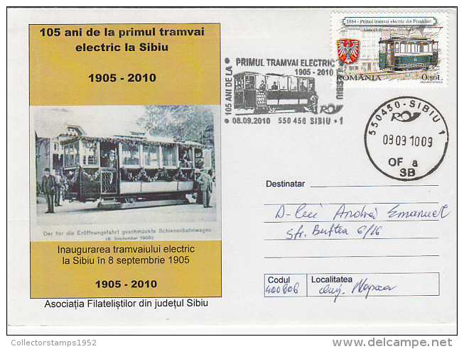 11324- TRAM, TRAMWAY, FIRST ELECTRIC TRAMWAY IN SIBIU, SPECIAL COVER, 2010, ROMANIA - Tram