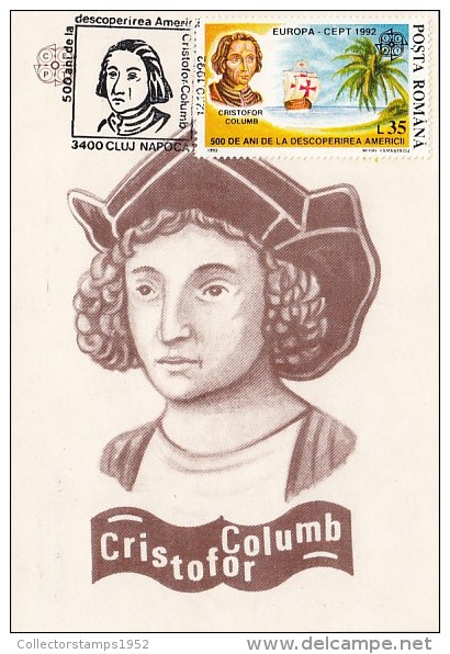 11360- CHRISTOPHER COLUMBUS, SAILING SHIP, MAXIMUM CARD, 1992, ROMANIA - Christophe Colomb