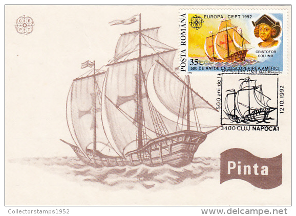 11361- CHRISTOPHER COLUMBUS, PINTA SAILING SHIP, MAXIMUM CARD, 1992, ROMANIA - Christophe Colomb