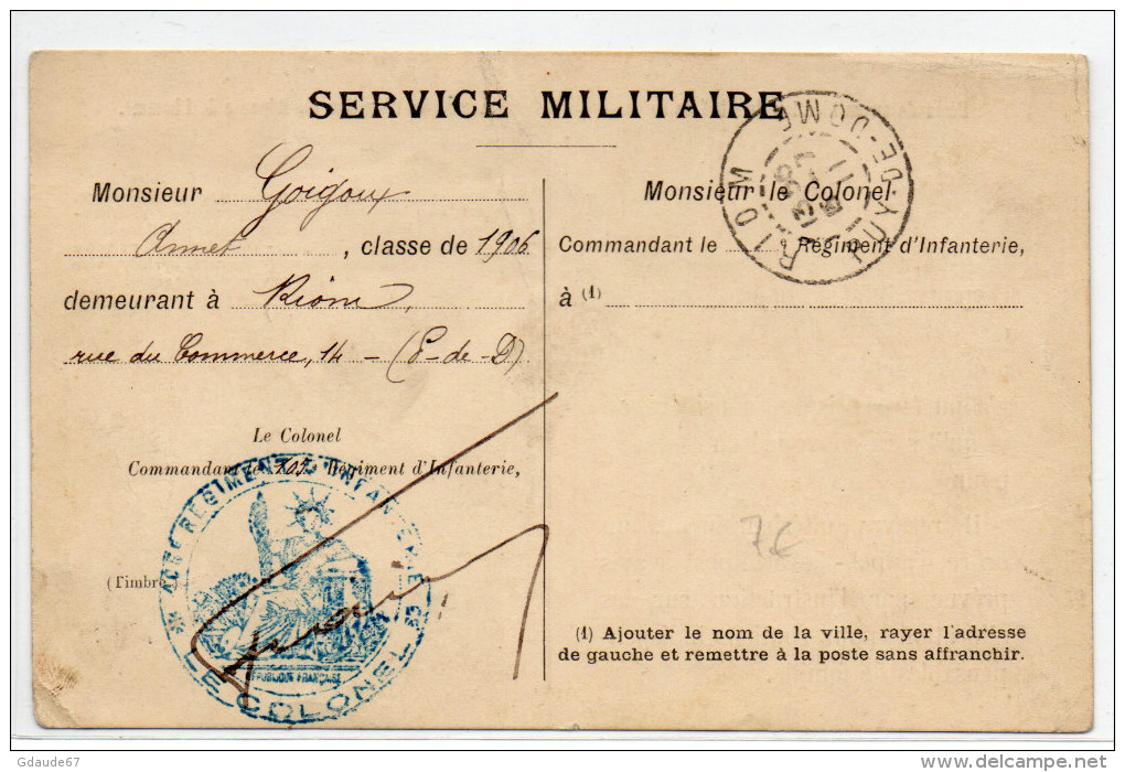 1911 - CP SERVICE MILITAIRE De RIOM (PUY DE DOME) Avec CACHET Du 105° REGIMENT D´INFANTERIE - Covers & Documents