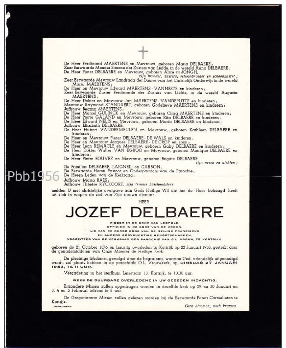 Jozef DELBAERE - Kortrijk 1876-1953 - Fam MAERTENS, De JONGH, Vanneste, Vandeputte, Laigneil, Carbon, De Wals, De Crop.. - Obituary Notices