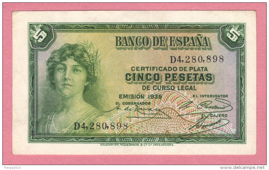 BILLETE DE ESPAÑA DE 5 PTAS DEL AÑO 1935 SERIE D -UNCIRCULATED - 5 Peseten