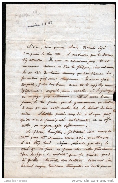 BELGIQUE, LETTRE DU 1er JANVIER 1852, DE BRUXELLES POUR VALENCIENNES, 5 SCANS, VOIR DESCRIPTION - Postmarks - Lines: Perceptions