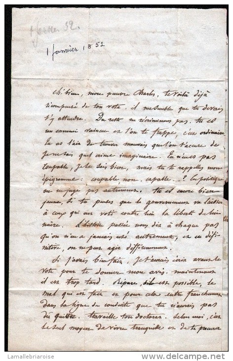 BELGIQUE, LETTRE DU 1er JANVIER 1852, DE BRUXELLES POUR VALENCIENNES, 5 SCANS, VOIR DESCRIPTION - Balkstempels: Ontvangerijen