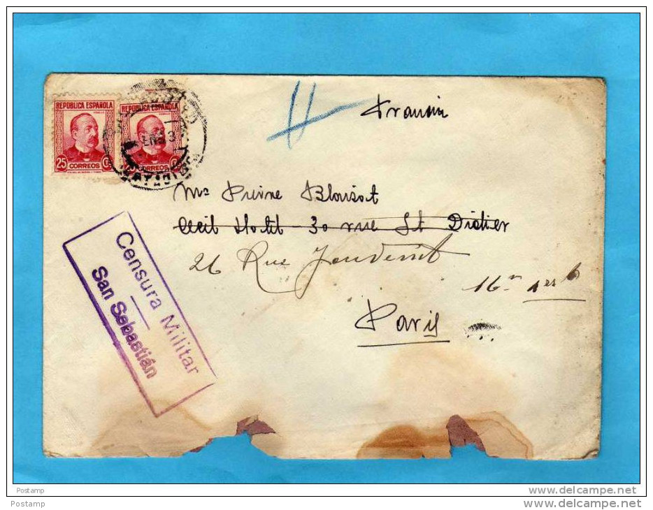 MARCOPHILIE-lettre  De Valladolid-1937--CENSURA MILITAR SAN SEBASTIAN- Por France-réexpédiée Françe - Marques De Censures Républicaines