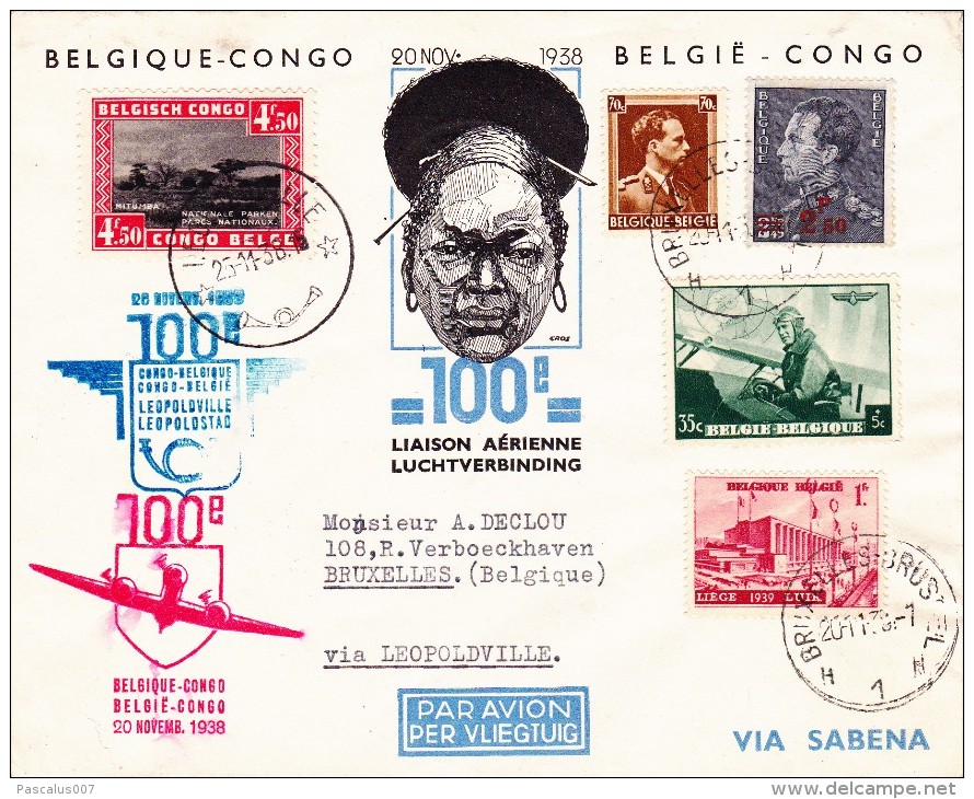 A00040 Belgique Congo 100e Liaison Aérienne Sabena 20-11-1938 Avion Via Léopoldville Sabena - COB CB 202 478 427 467 485 - ....-1951