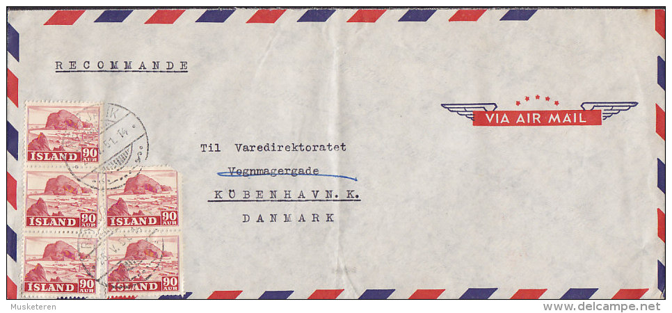 Iceland Via Airmail Registered Recommandé REYKJAVIK 1951 Cover Brief To Denmark 5x 90 Aur Landschaft Stamps - Lettres & Documents
