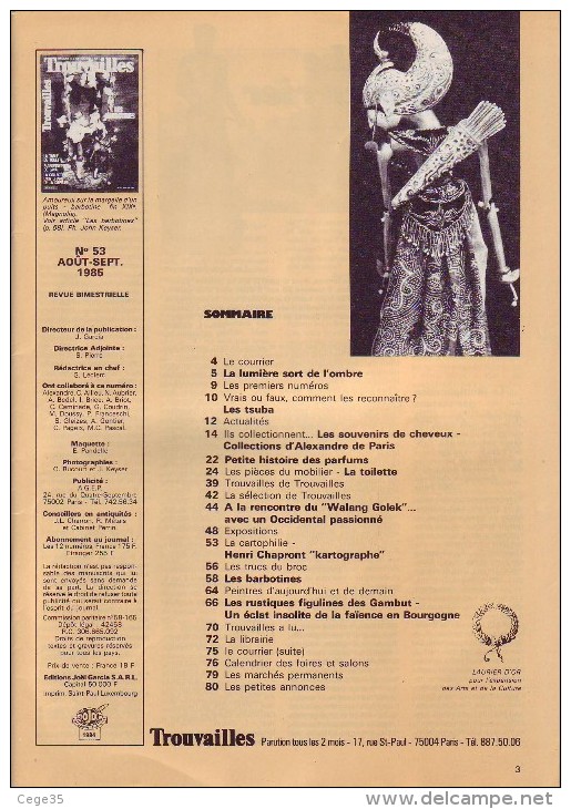 Trouvailles - Août-Septebre 1985 N°53 - 2 Scans Dont Sommaire - Hobbies & Collections