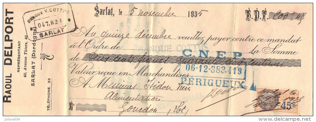 Lettre Change 5/11/1935 Raoul DELPORT Représentant SARLAT Dordogne Pour Gourdon Lot Timbre Fiscal - Bills Of Exchange