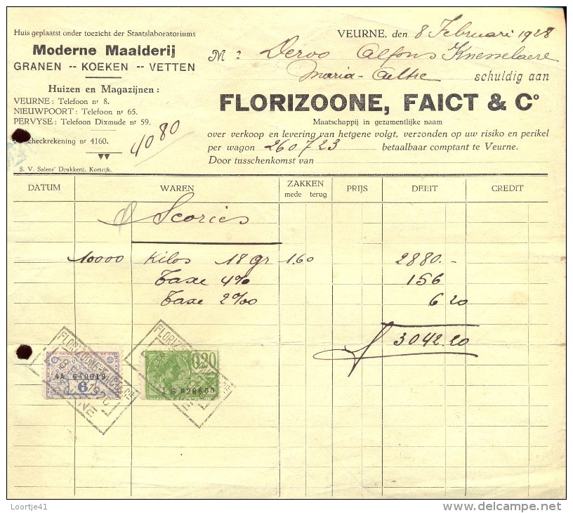 Facture Faktuur - Granen Vetten Maalderij Florizoone Faict & C° - Veurne 1928 - Agriculture