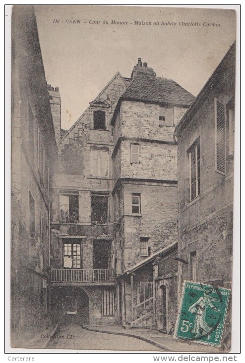 Cpa,caen 1912,calvados,cour Du Manoir,maison Ou  Habita Charlotte Corday,rare Et Vieille,rare - Caen