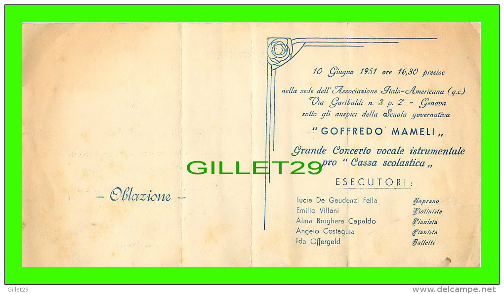 PROGRAMMES - GOFFREDO MAMELI - GRANDE CONCERTO VOCALE ISTRUMENTALE PRO CASSA SCOLASTICA 1951 - - Programmes