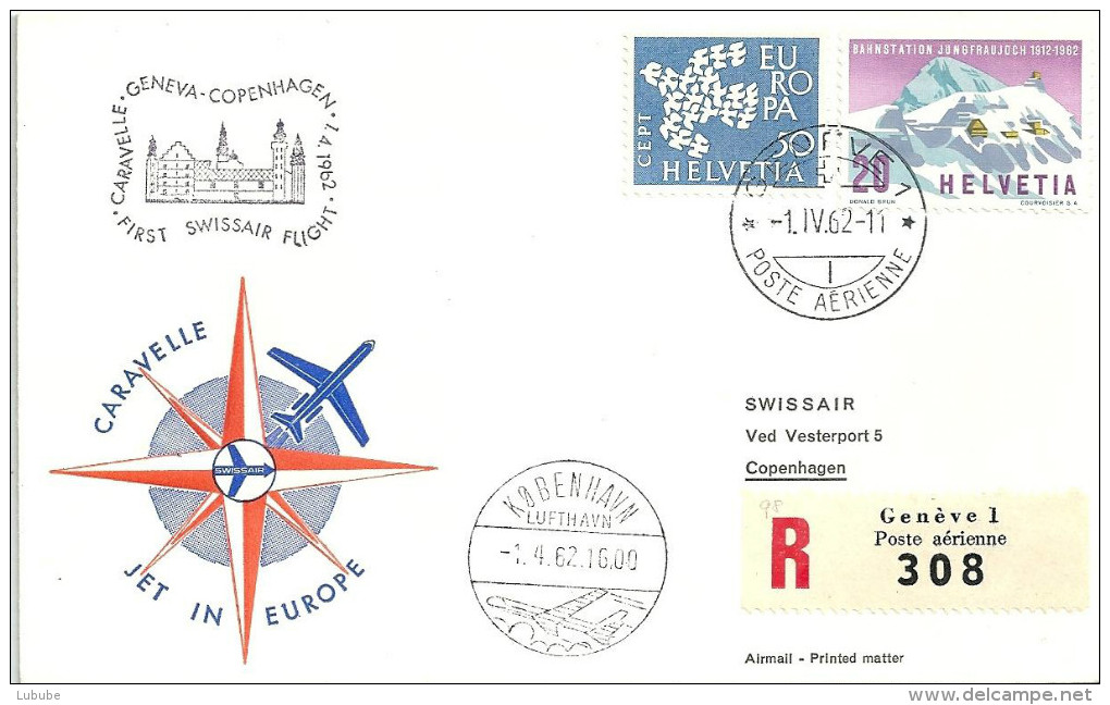 Luftpost  "Swissair - Erstflug Caravelle   Genève - Copenhagen"               1962 - Premiers Vols