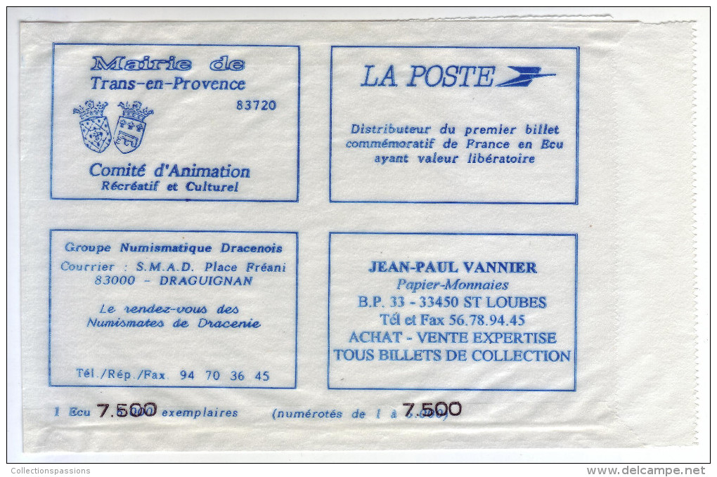 Billet De 1 Ecu   De Trans En Provence. 1994 - Ficción & Especímenes