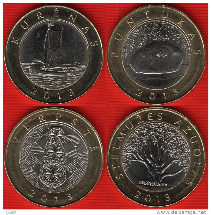 LITHUANIA 2013 2 Litas Bimetal Coins Set UNC SHIP, STONE, TREE And DISTAFF - Lithuania