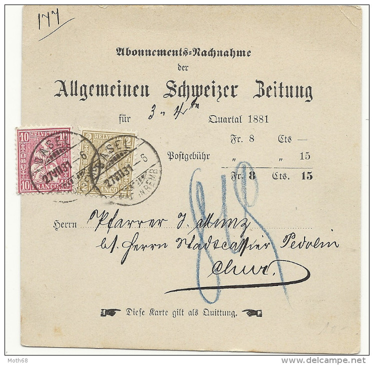 1881 12 Rp Nachnahme Allgemeine Schweizer Zeitung Nach Chur - Lettres & Documents