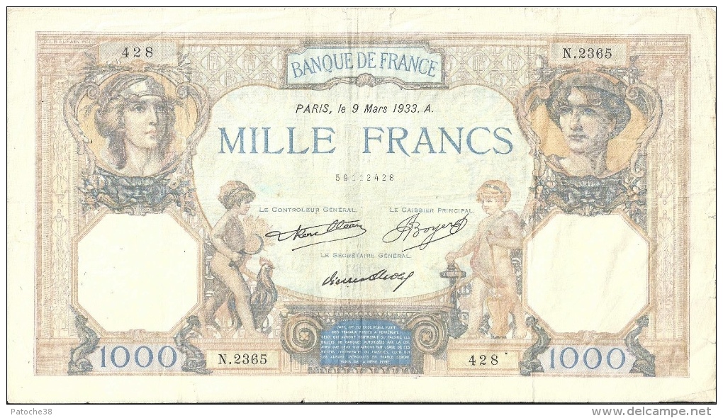 M9 - Billet 1000 Francs Ceres Et Mercure 1933 - 1 000 F 1927-1940 ''Cérès E Mercure''