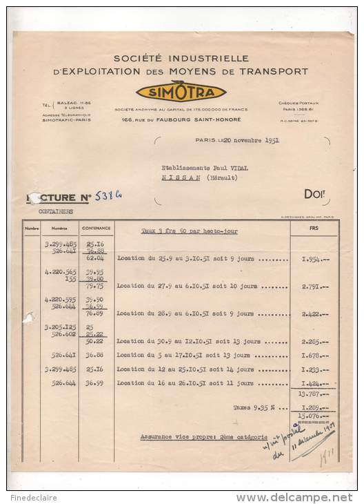 Société Industrielle D'exploitation Des Moyens De Transport Simotra, Paris 1951 - Transport