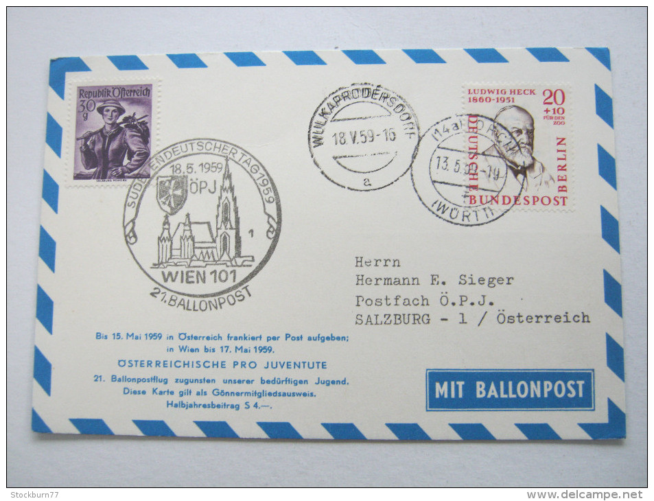 1959, Ballonpostkarte  Mit Mischfrankatur - Ballonpost