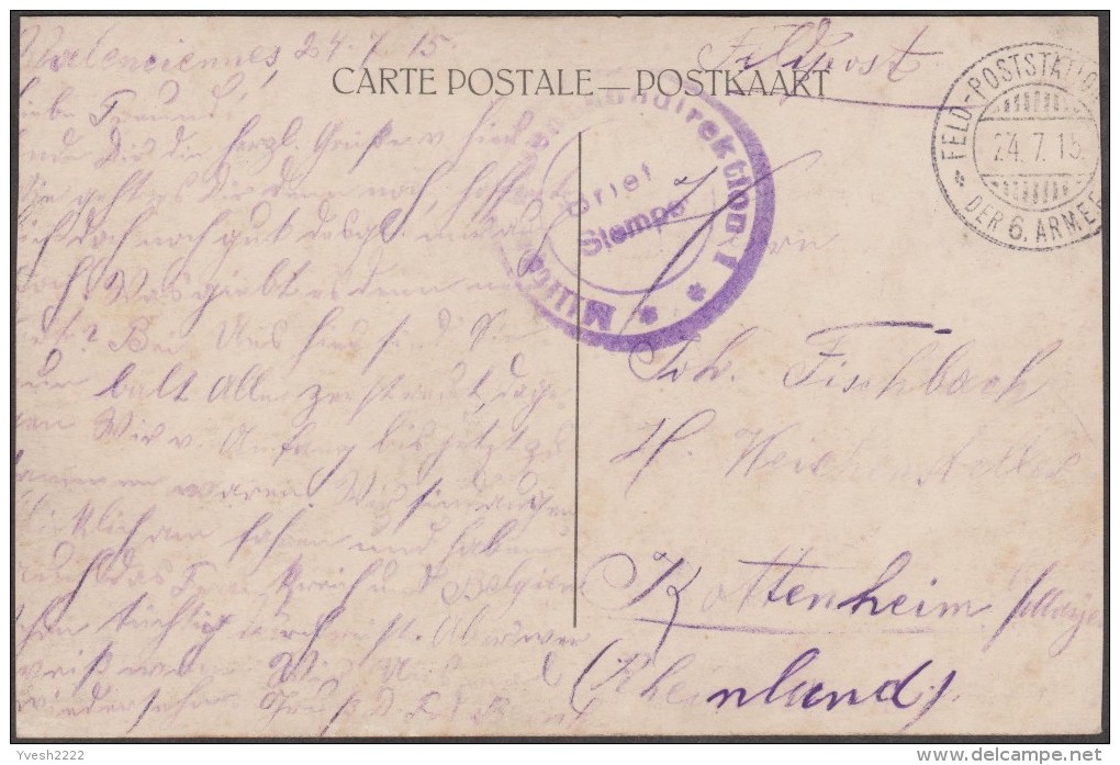 Allemagne - France 1915. Carte En Franchise Militaire. Cambrai, Le Port Cantimpré. Feldpost De La 6. Armee Valenciennes - Cambrai