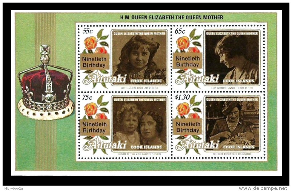 AITUTAKI COOK ISLANDS 1990 ROYALTY ROYAL QUEEN MOTHER 90TH BIRTHDAY ROSES MNH - Aitutaki