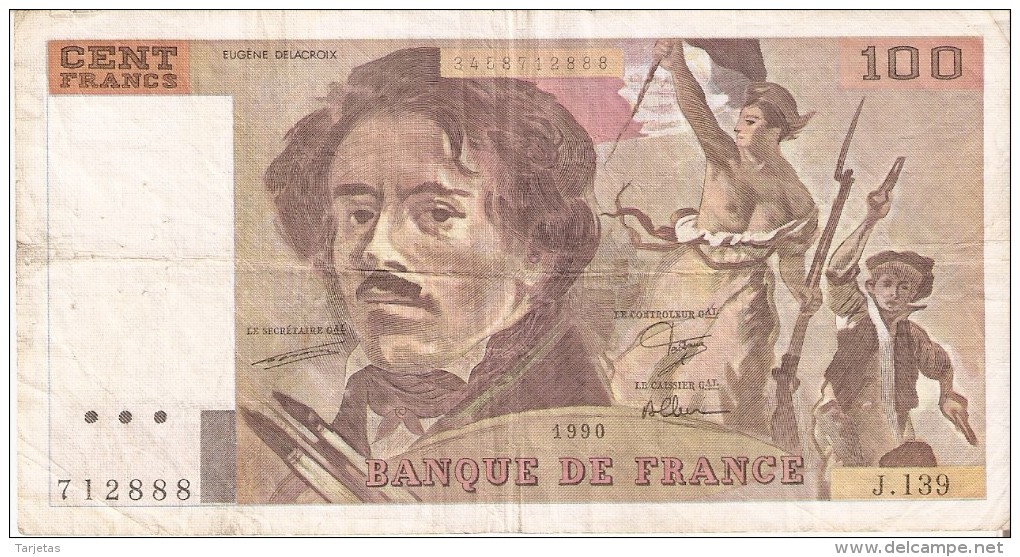 BILLETE DE FRANCIA DE 100 FRANCOS DEL AÑO 1990 DE DELACROIX SERIE J (BANKNOTE) - 100 F 1978-1995 ''Delacroix''