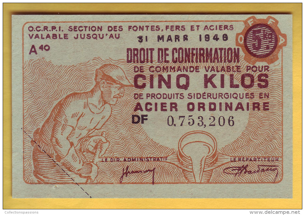 O.C.R.P.I. Section Des Fontes Fers Et Aciers. Billet De 5 Kilos - Notgeld