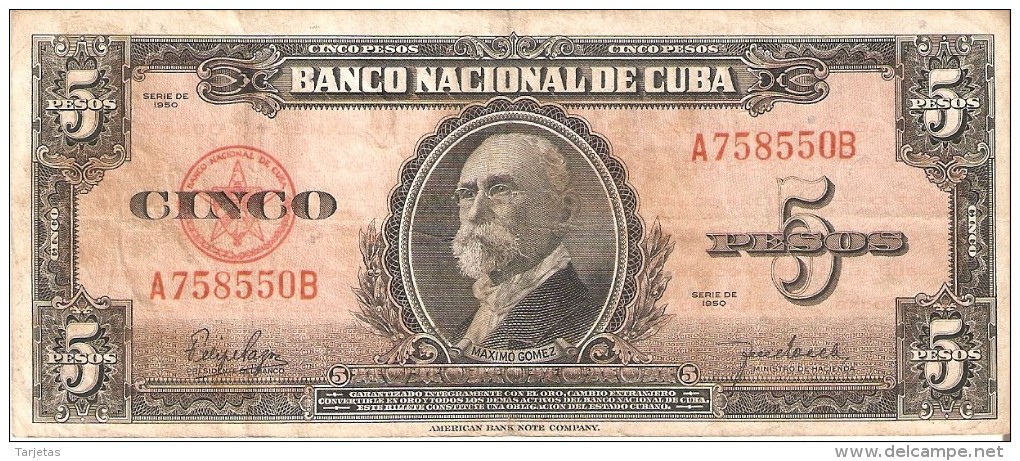 BILLETE DE CUBA DE 5 PESOS DEL AÑO 1950   (BANKNOTE)  MAXIMO GOMEZ - Cuba
