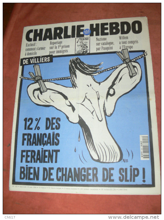 CHARLIE HEBDO 1994   N° 103  COUVERTURE  DE VILLIERS   / CHARB /  CABU /  WOLINSKI / SINE /  REISER / GEBE ETC ... - Autre Magazines