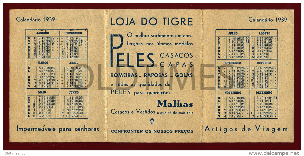 PORTUGAL - LISBOA - LOJA DO TIGRE - CASA DE PELES - CALENDARIO - 1939 OLD CALENDAR - Small : 1921-40