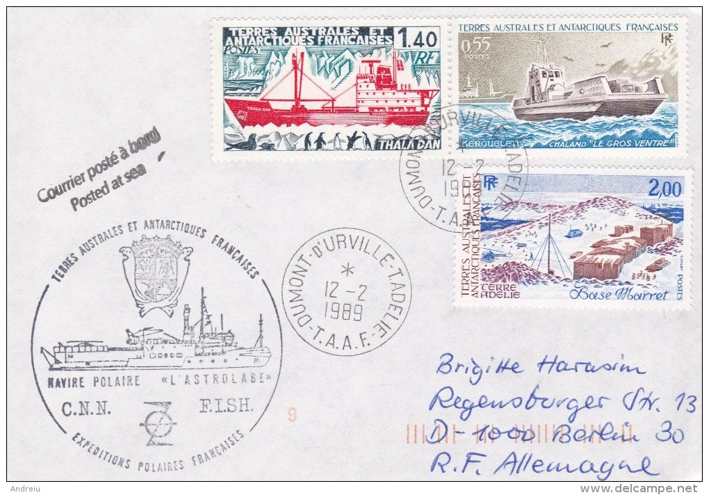 1989 FSAT TAAF -  L'Astrolabe Antarctic Ships, Sent To Germany ,special Cancel Stationery Entier - Navires & Brise-glace