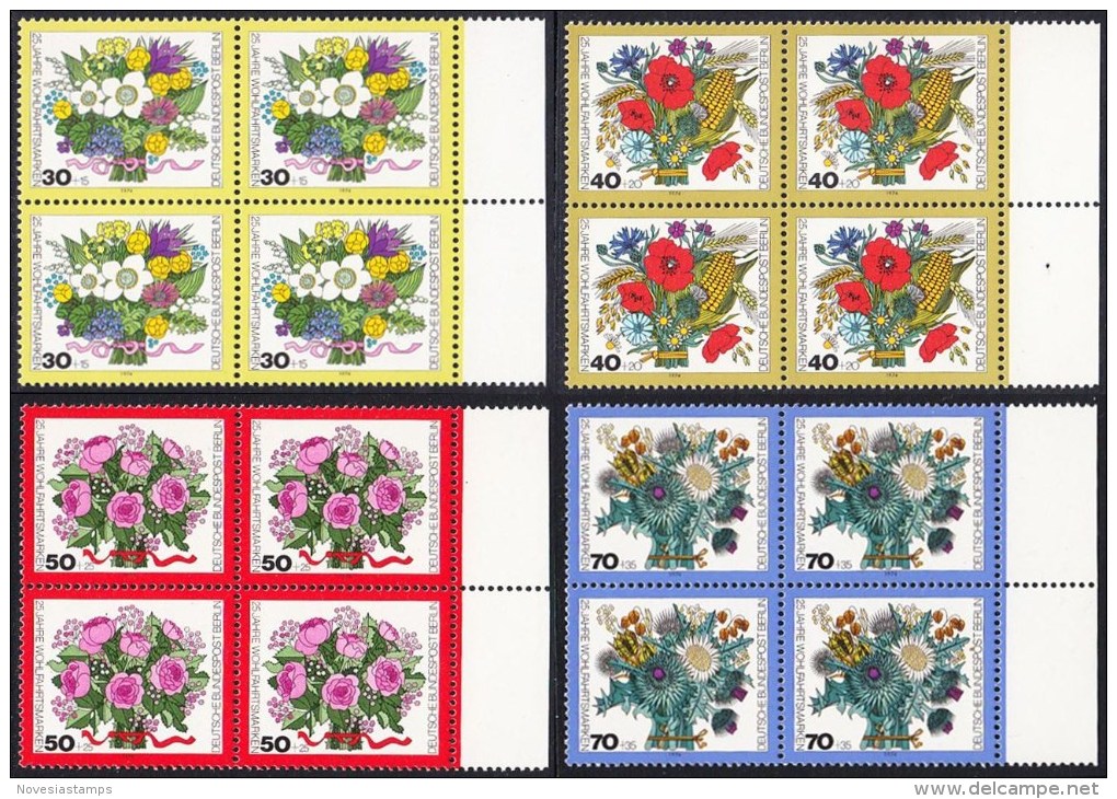 !a! BERLIN 1974 Mi. 473- 476 MNH SET Of 4 BLOCKS W/ Right Margins -Bouquet Of Flowers - Unused Stamps