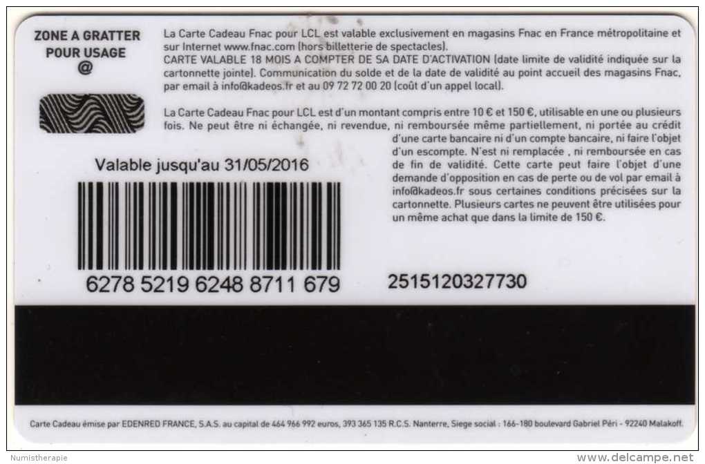 Carte Cadeau Fnac : Offerte Par Le Programme Avantage LCL - Tarjetas De Regalo