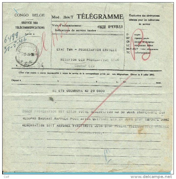 TELEGRAMME  CONGO BELGE Met Stempel LEOPOLDVILLE 1946 - Autres & Non Classés