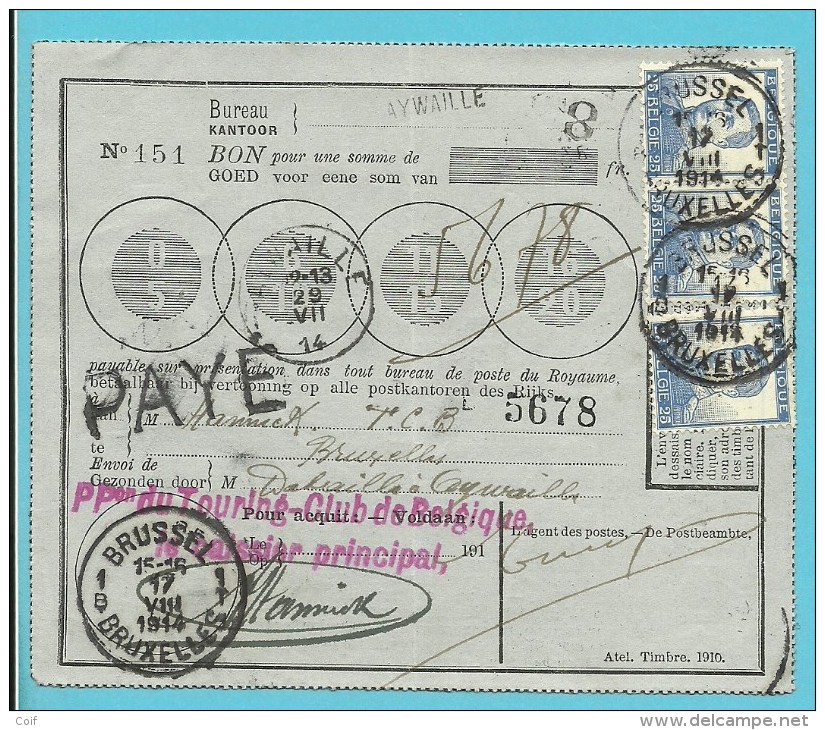 125 Op POSTBON (Bon De Poste) Met Stempel AYWAILLE Op 29/7/1914 + BRUXELLES 17/8/1914 (4/8 Begin Oorlog!!!) - 1912 Pellens