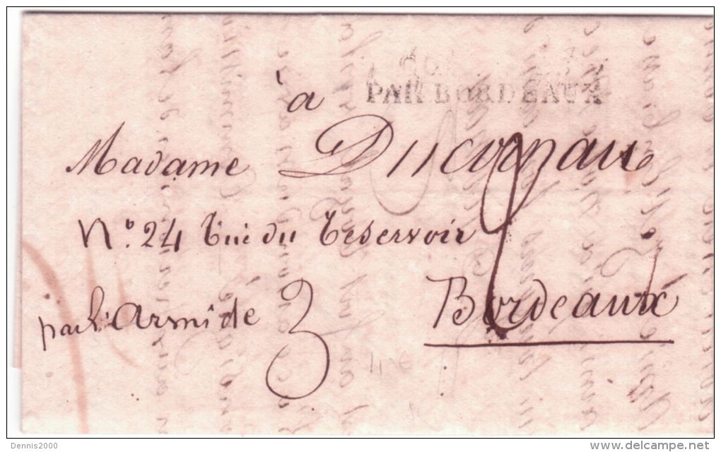 1824- Lettre De St Pierre Martinique En Port Payé  COLONIES /PAR BORDEAUX - Bateau " L'Armide " - Poste Maritime