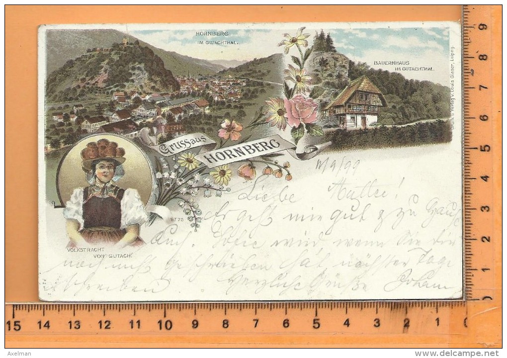 HONBERG: Gruss, Litho Multi Vues, Panorama Gutachthal, Bauernhaus, Volkstracht - Hornberg