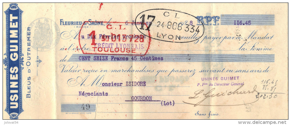 Lettre Change  6/1/1928 Usines GUIMET Bleus D'Outremer FLEURIEU Sur SAONE  Rhône Pour Gourdon Lot - Déchirure - Bills Of Exchange