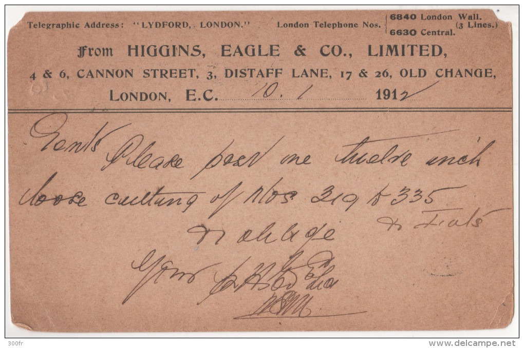 CP POSTMARK Entier Postal Great Britain & Ireland R U& Irlande HIGGINGS EAGLE &C 1912 One Penny  From London SWITZERLAND - Other & Unclassified