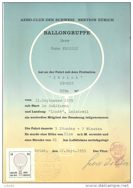 Diplom  "Ballongruppe Aero Club Der Schweiz, Sektion Zürich"           1955 - Aviazione