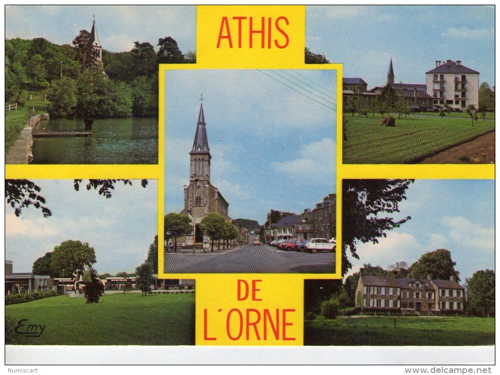 Athis De L'Orne.. Belle Multi-vues.. Le Temple.. Eglise.. Place St-Vigor.. Le Château Du Rocher D'Epinouze.. Voitures - Athis De L'Orne