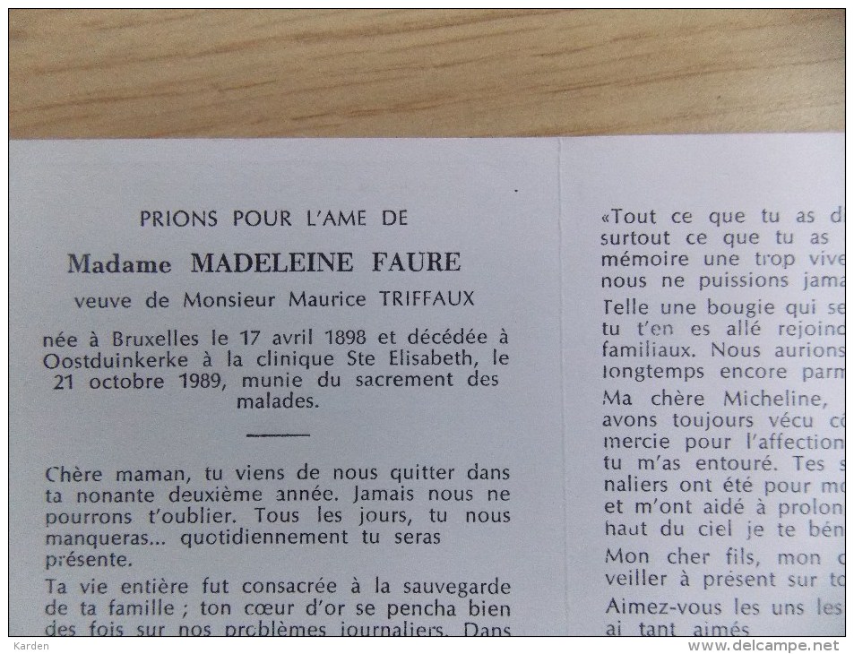 Doodsprentje Madeleine Faure Brussel 17/4/1898 Oostduinkerke 21/10/1989 ( Maurice Triffaux ) - Religione & Esoterismo