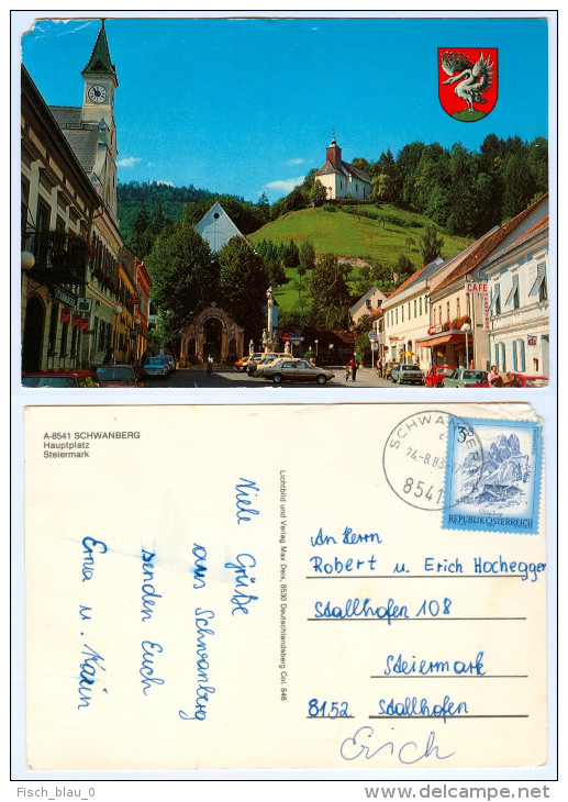 AK Steiermark 8541 Schwanberg Hauptplatz Wappen Autos Österreich Stallhofen 1983 Verlag Max Deix Weststeiermark Austria - Deutschlandsberg