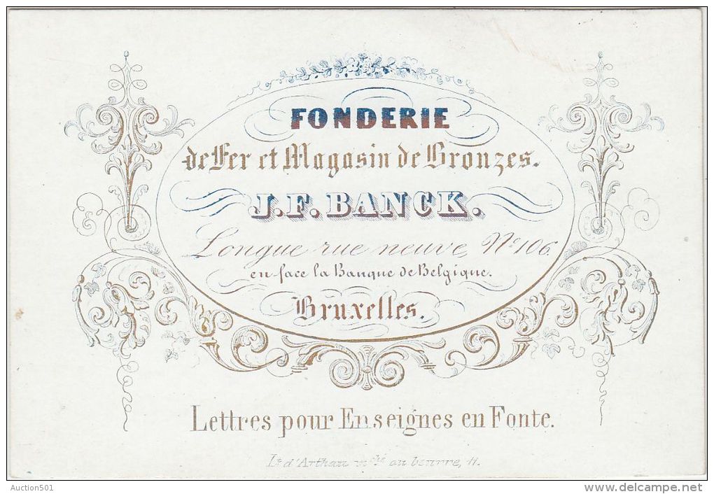 24121g FONDERIE - FER - BRONZES - J.F. BANCK - Rue Neuve, 106 - Bruxelles - Carte Porcelaine 10.4x7c - Visitekaartjes