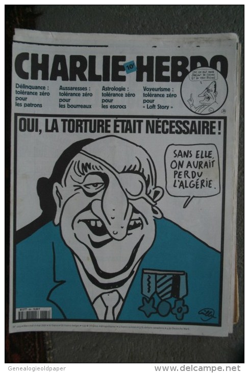 CHARLIE HEBDO -  N°  464- 9 MAI 2001- RISS- TIGNOUS- WOLINSKI- CHARB- CABU- RISS- TORTURE ALGERIE- - Documents Historiques