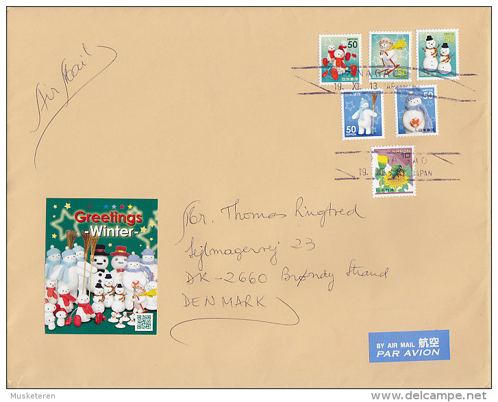Japan By Airmail Par Avion Label GRETINGS WINTER Line Cancel NAGAO 2013 Cover Brief Snowmen Stamps - Airmail